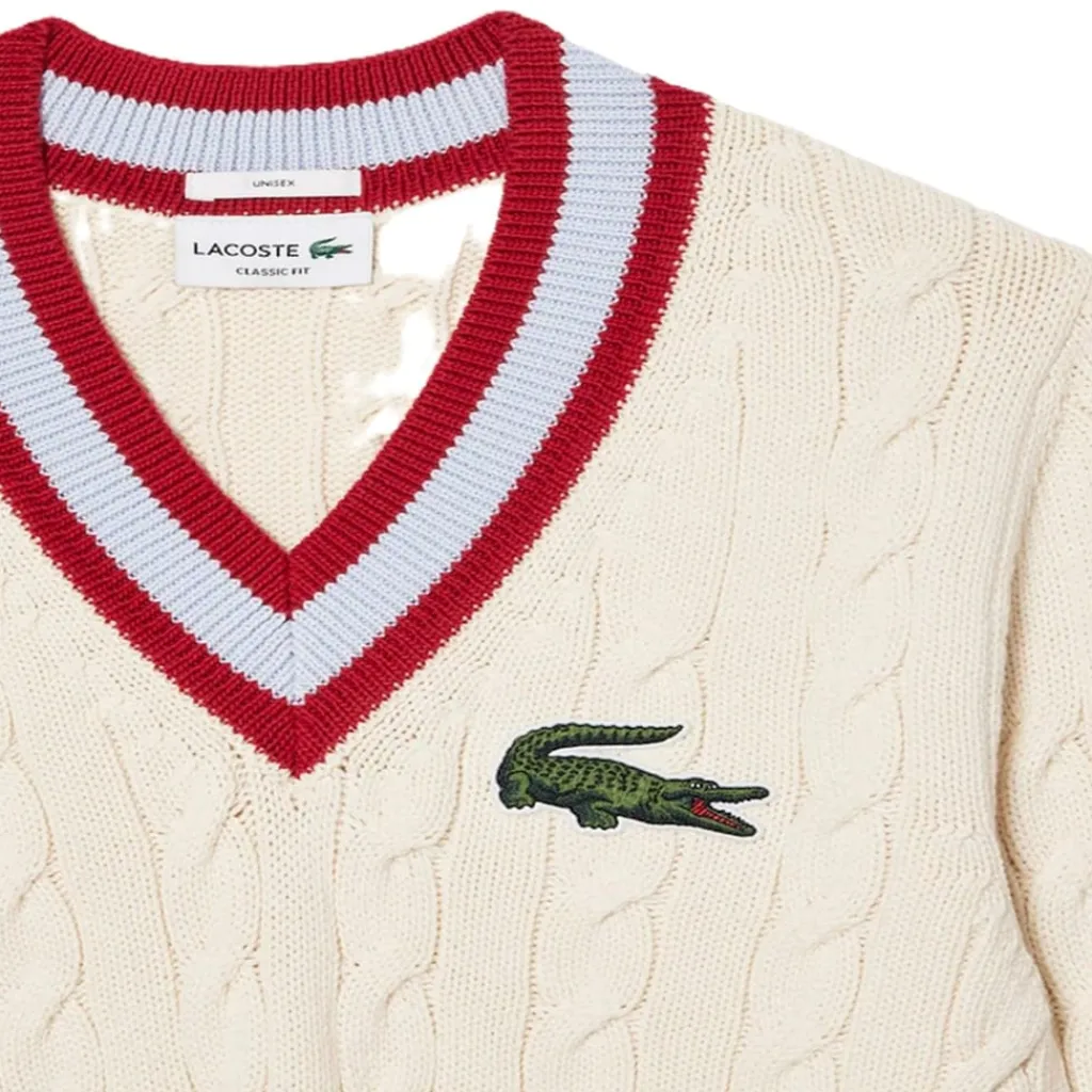 Knitwear*Lacoste V-Neck Cable Knit Regular Fit Sweater in Cream