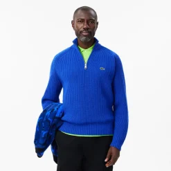 Knitwear*Lacoste Zipped High Neck Carded Wool Sweater in Blue