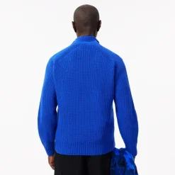 Knitwear*Lacoste Zipped High Neck Carded Wool Sweater in Blue