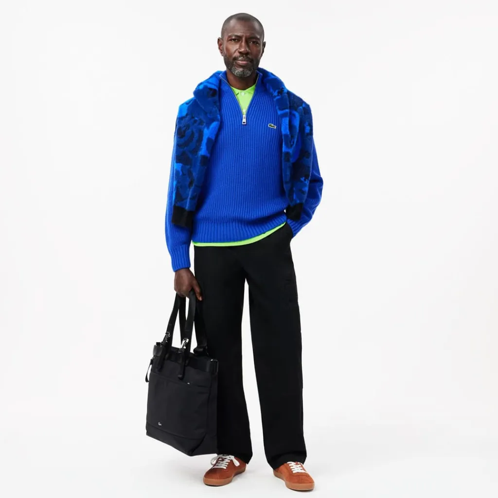 Knitwear*Lacoste Zipped High Neck Carded Wool Sweater in Blue