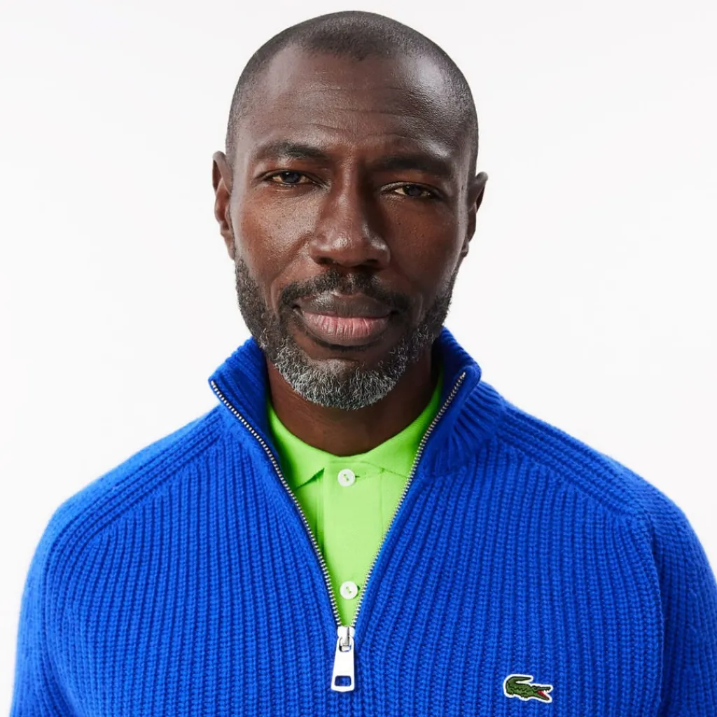 Knitwear*Lacoste Zipped High Neck Carded Wool Sweater in Blue