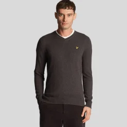 Knitwear*Lyle And Scott Cotton Merino V-Neck Sweater in Charcoal