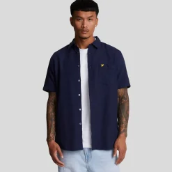 Shirts*Lyle And Scott Short Sleeve Basket Weave Shirt in Navy
