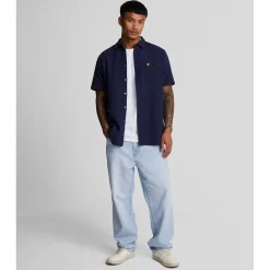 Shirts*Lyle And Scott Short Sleeve Basket Weave Shirt in Navy