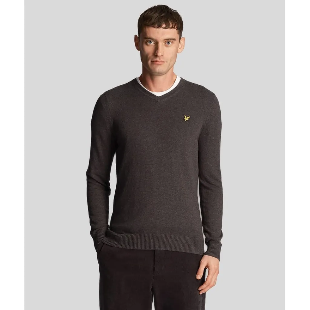 Knitwear*Lyle And Scott V-Neck Ribbed Cuff Long Sleeve Sweater in Grey