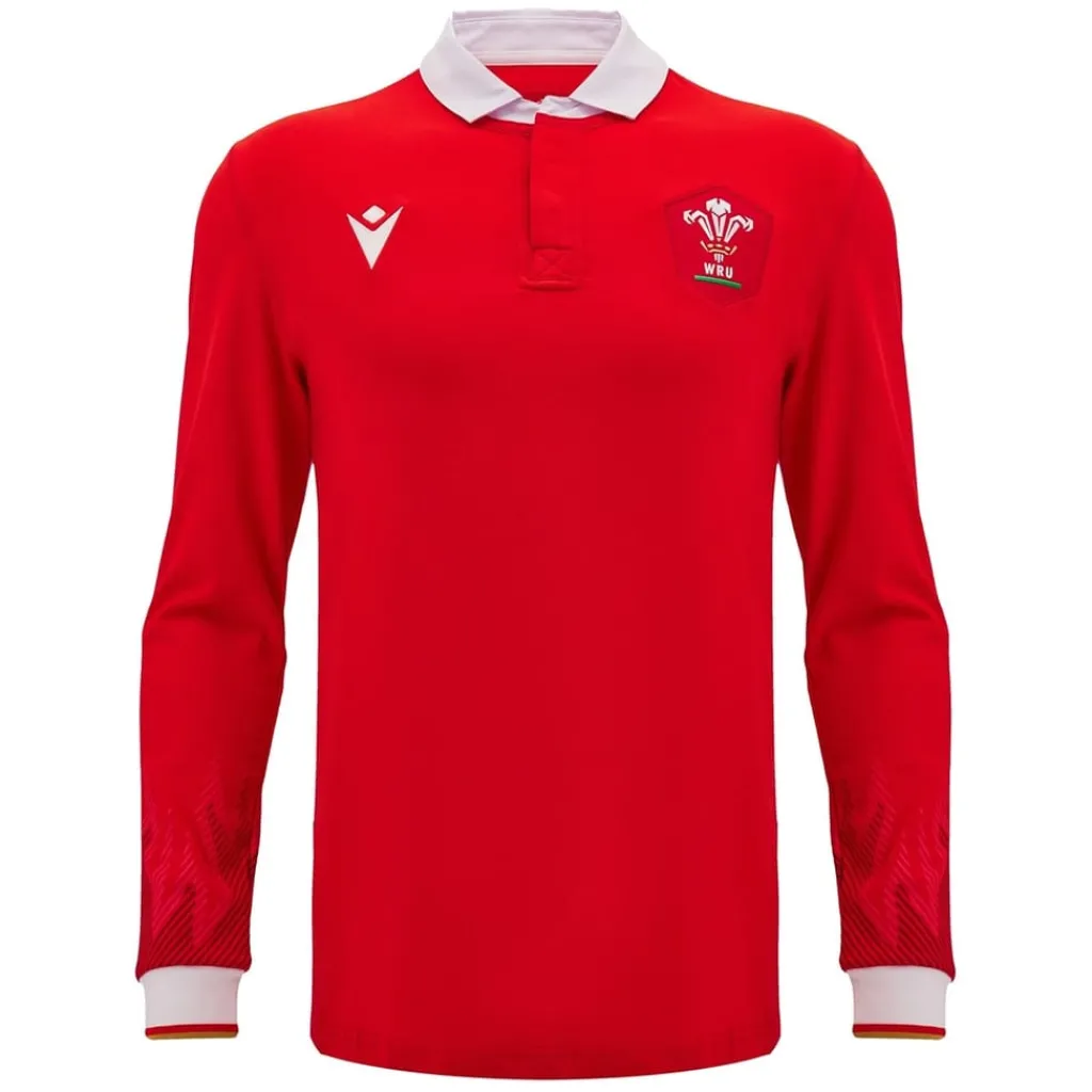Football And Rugby Clothing*Macron Welsh Rugby Union Home Long Sleeve Shirt 2024 2025 Adults in Red