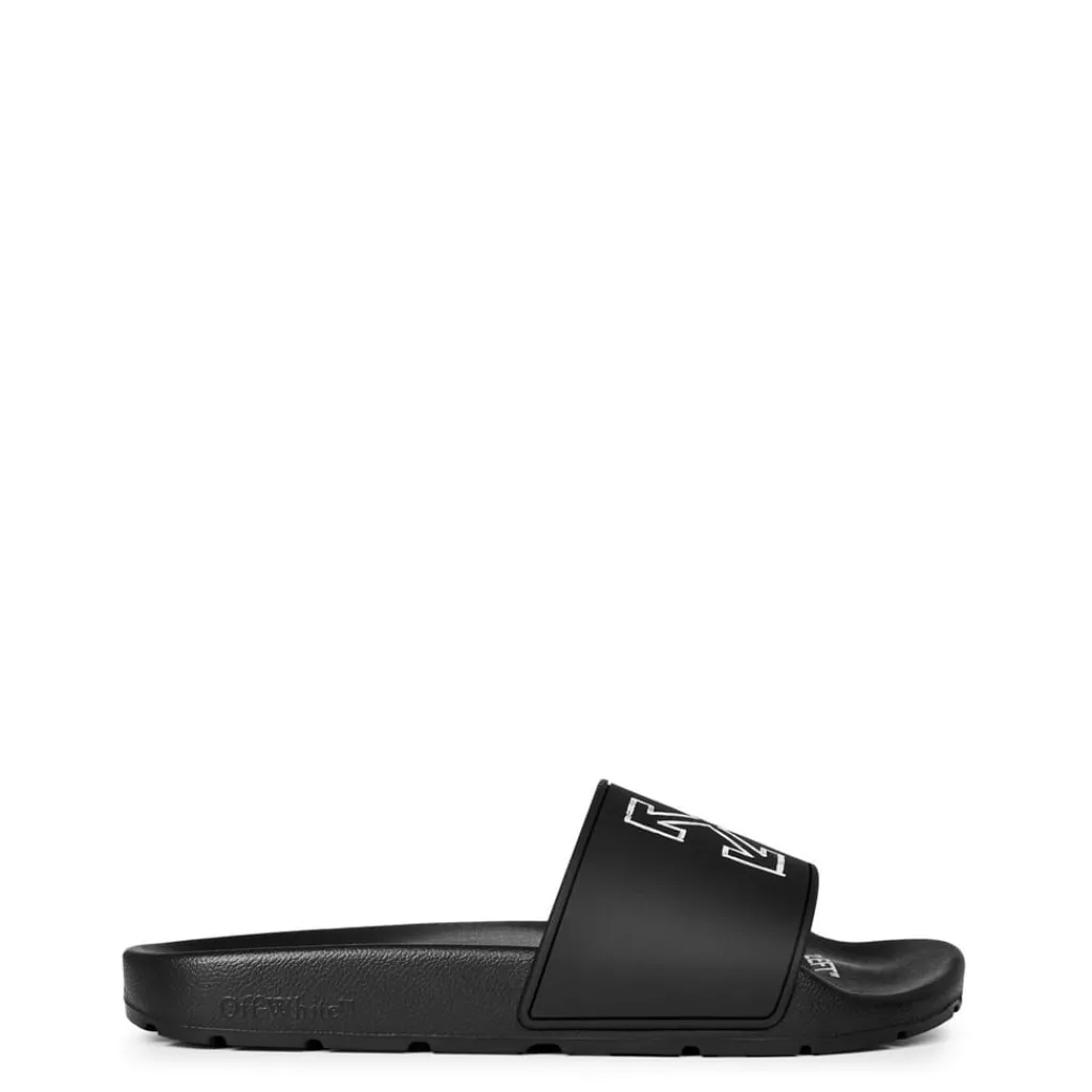 Beach Shoes*Off White Arrow Sliders in Black