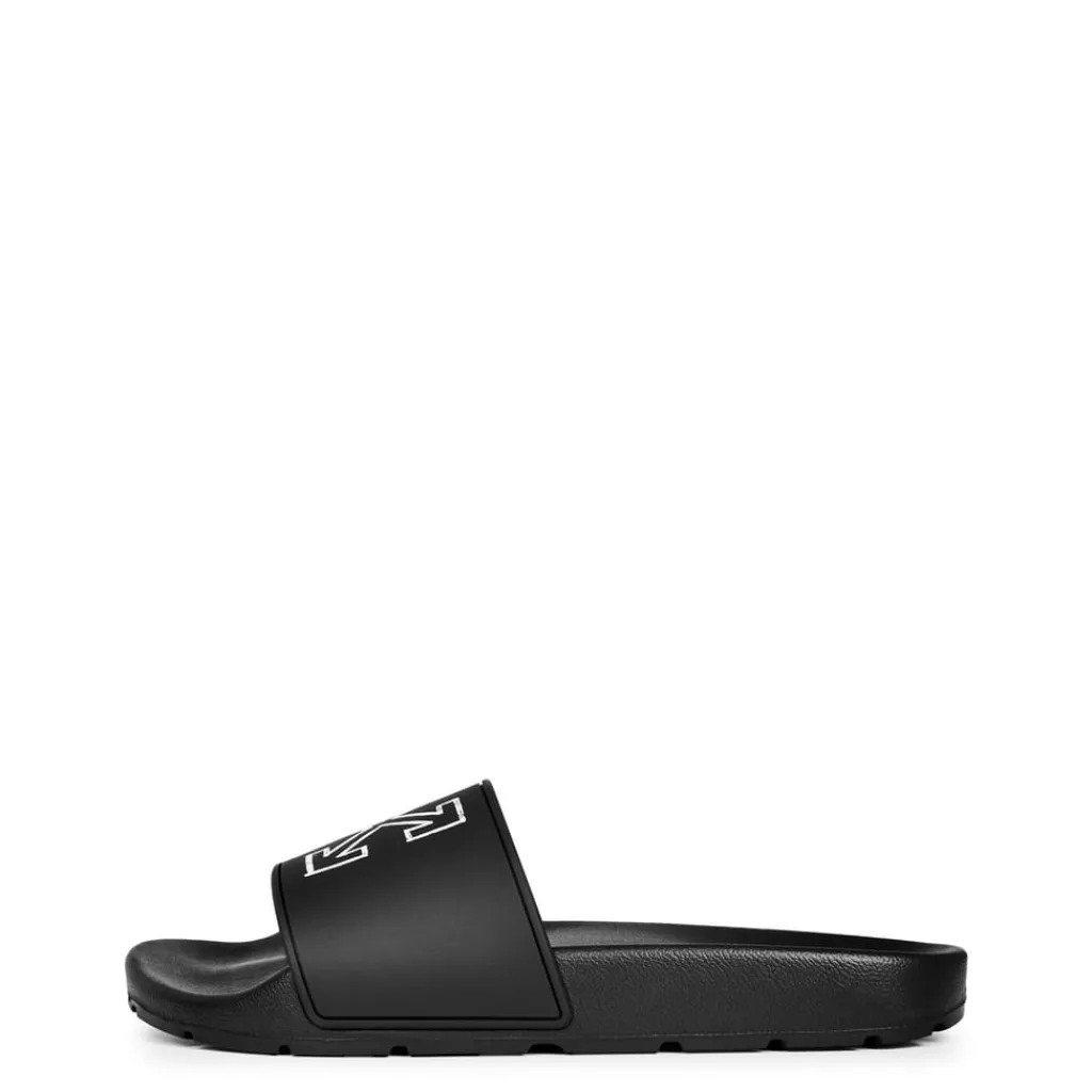 Beach Shoes*Off White Arrow Sliders in Black