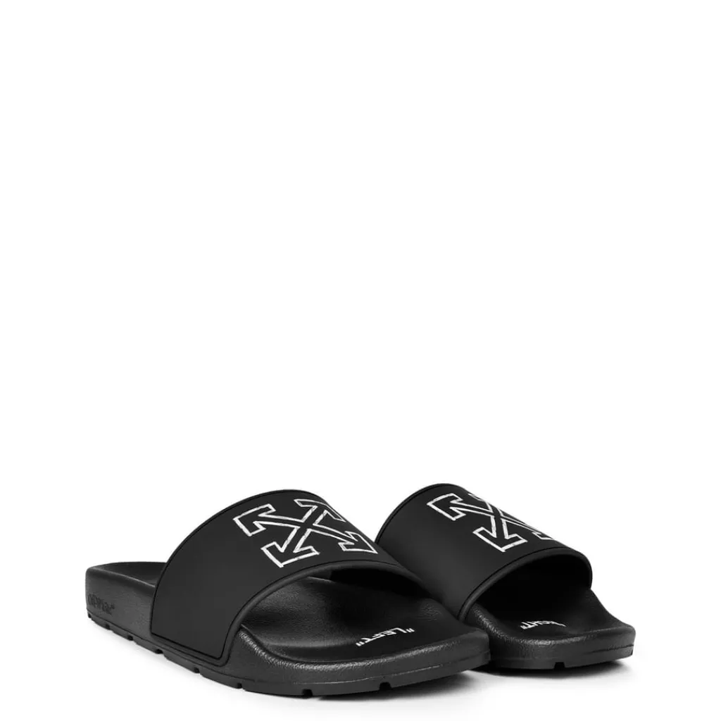 Beach Shoes*Off White Arrow Sliders in Black