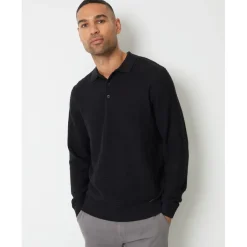 Knitwear*Threadbare Long Sleeve Regular Fit Polo Shirt in Black