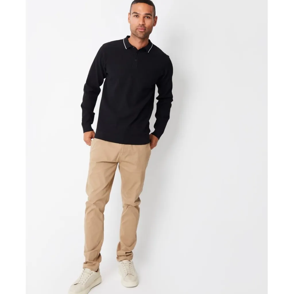 Knitwear*Threadbare Long Sleeve Regular Fit Polo Shirt in Black