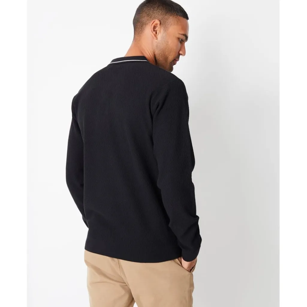 Knitwear*Threadbare Long Sleeve Regular Fit Polo Shirt in Black