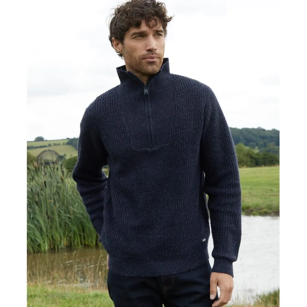 Knitwear*Threadbare Zip Neck Relaxed Fit Sweater in Blue