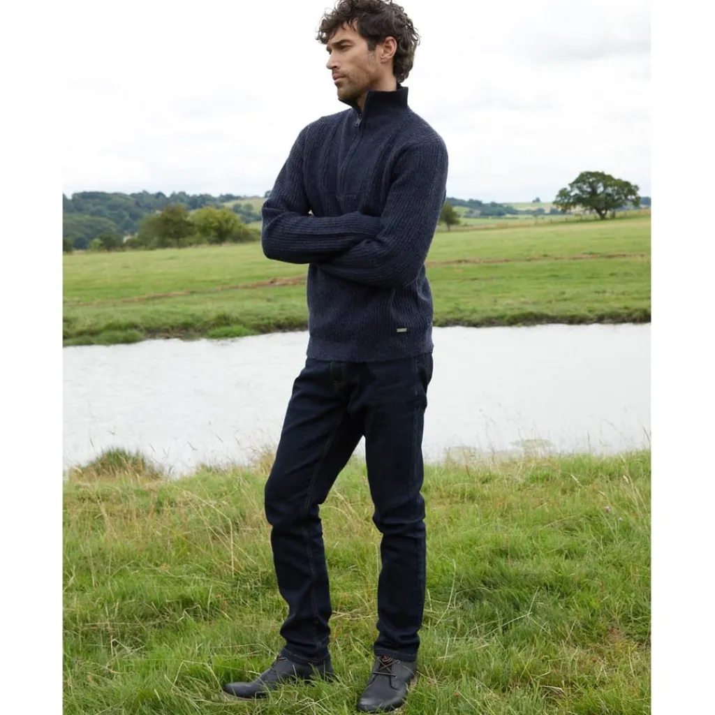Knitwear*Threadbare Zip Neck Relaxed Fit Sweater in Blue