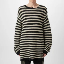 Knitwear*Yohji Yamamoto Striped Asymmetric Neck Jumper in Black