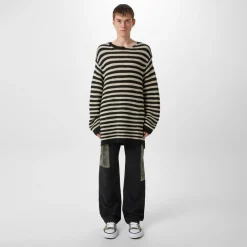 Knitwear*Yohji Yamamoto Striped Asymmetric Neck Jumper in Black